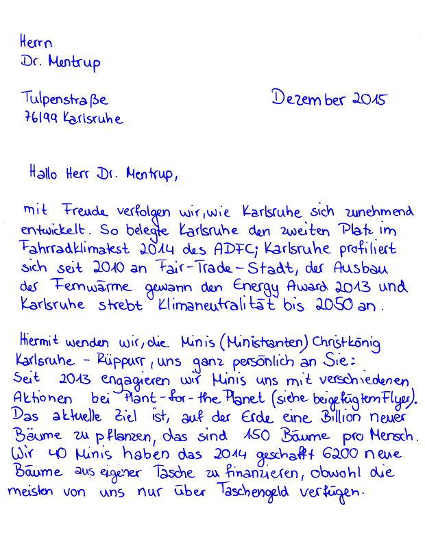 Brief an Dr. Mentrup, OB von KA, Seite 1